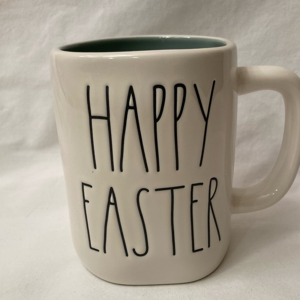 Rae Dunn Cream and Green Happy Easter Mug with Black print.